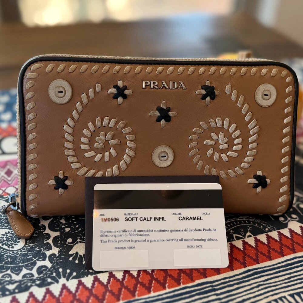 Prada Tan Calfskin Whipstitch Zippy Long Wallet with Auth Card, Vintage, Rare